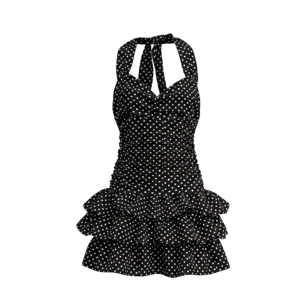 Ruffle Skirt Polka Dot One-Piece Swimsuit Bandage Style Backless Design Bathing Suit Slimming Tummy Control High Waisted