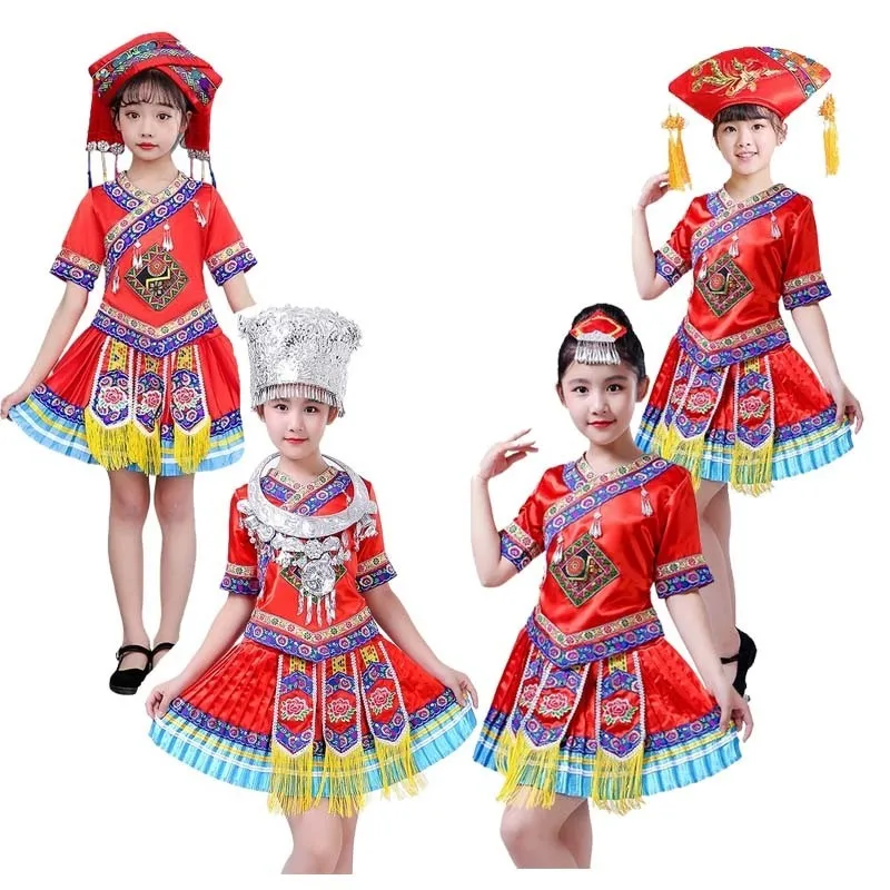 

hmong clothes traditional miao outfits dress embroidery Hat necklace old chinese folk dance costume dancewear Children kids girl