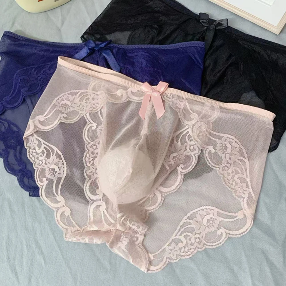 Men Sheer Lace Seamless Briefs Bulge Pouch Low Waist Underwear Erotic Lingerie For Sissy Gay Crossdresser Sexyy Transparent Pant