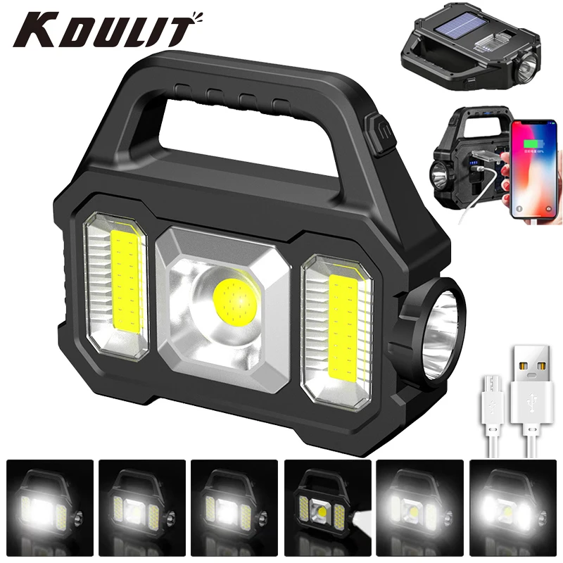 

KDULIT LED Portable Solar Work Lights USB Rechargeable 500LM Flashlight Hand-held Searchlight Power Pack COB Camping Torch