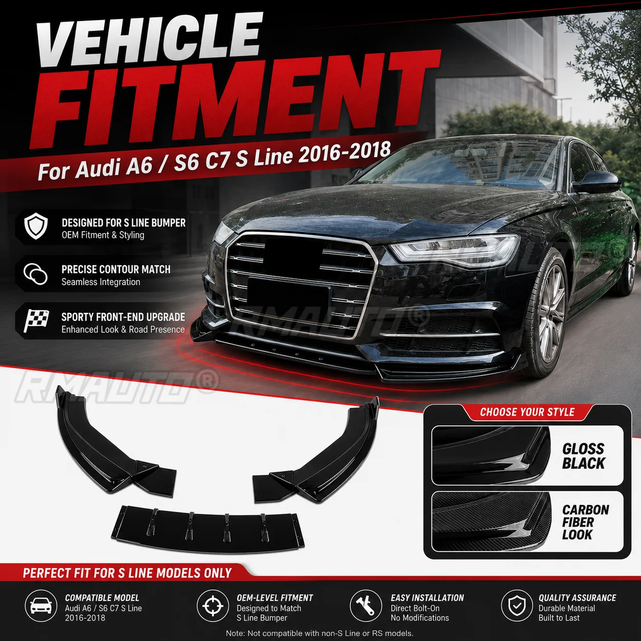 Front Bumper Lip Spoiler 3 Piece Splitter Kit Gloss Black Carbon Look For Audi A6 S6 C7 S Line 2016-2018 Car Accessories