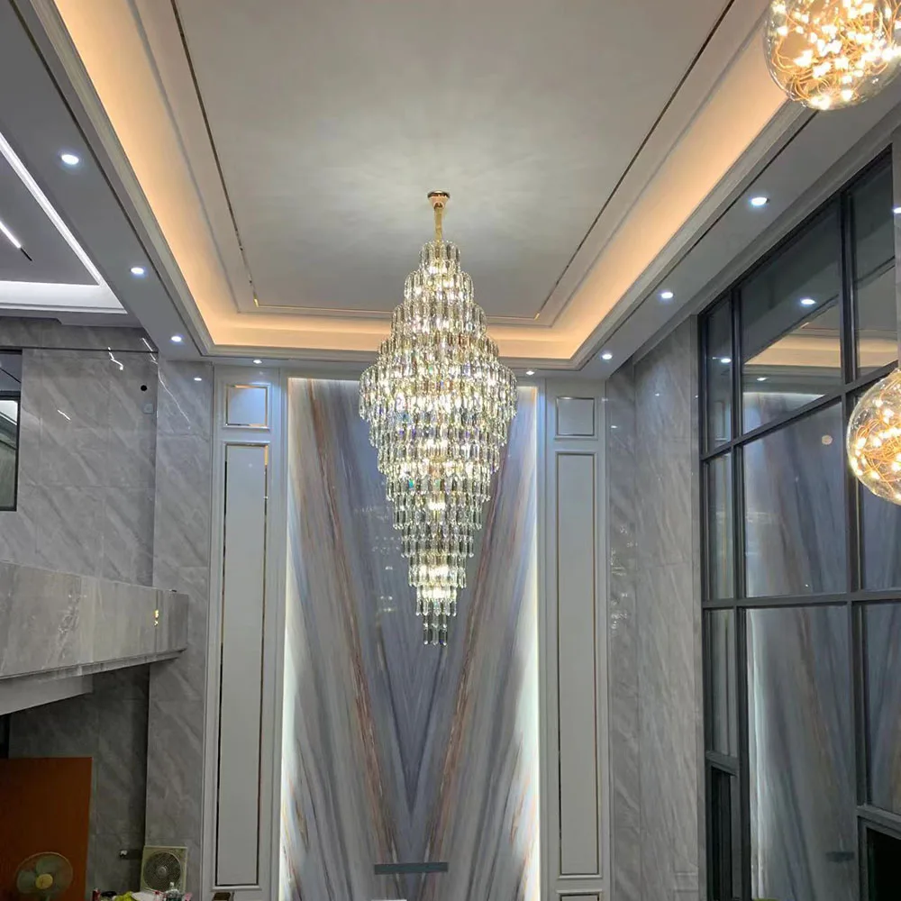Duplex Villa Living Room Crystal Chandelier Lobby Luminaire Simple Rotary Staircase Long Gray Crystals Lighting Fixtures
