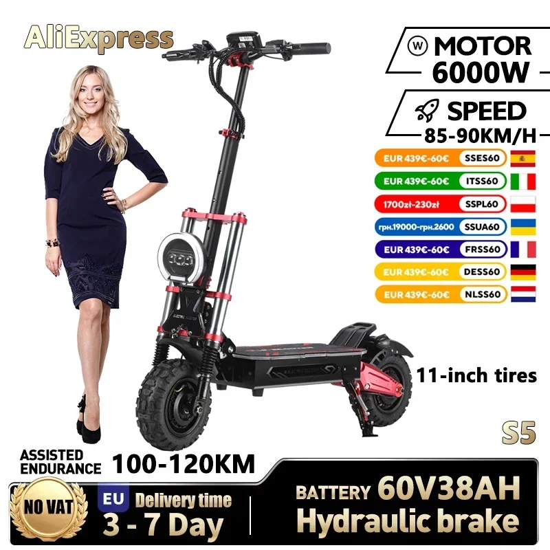 

ZM: Boyueda S5 Электрический скутер, двигатель 6000 Вт, 60 В, 38 Ач, аккумулятор, 11-дюймовые внедорожные электросамотеры для взрослых, версия с двойным приводом 85 км/ч