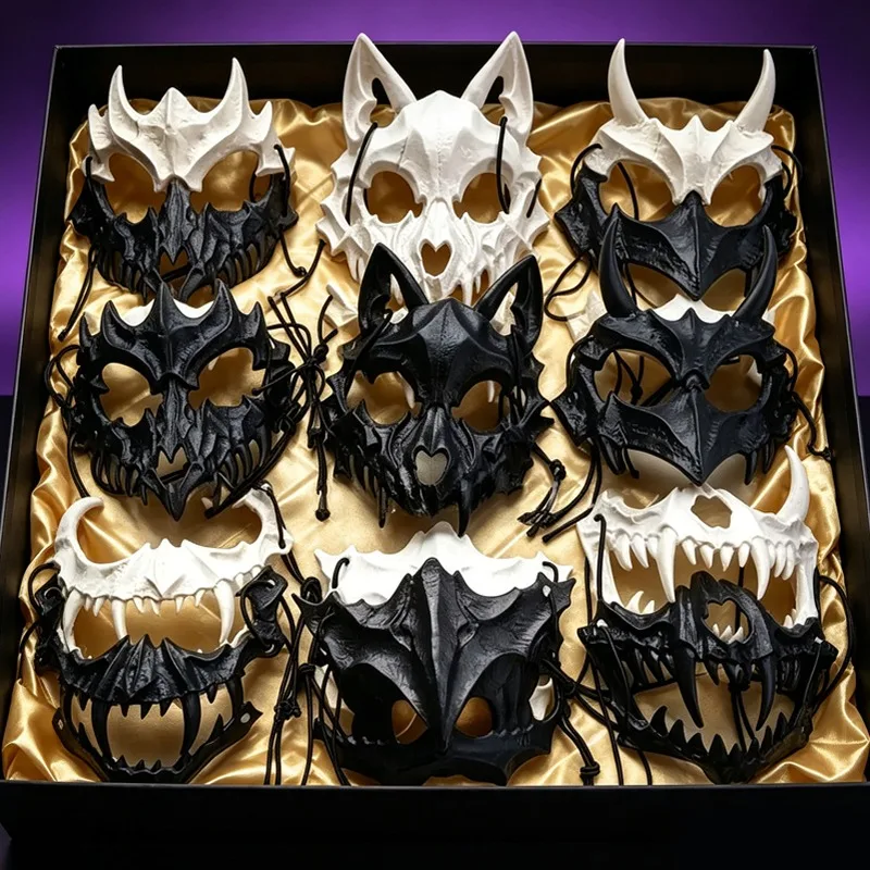 Party Anime Skull Long Teeth Demon Half Face Mask Wolf Dragon Tiger Mask Cosplay Halloween Anime Costume Props Party Role Play