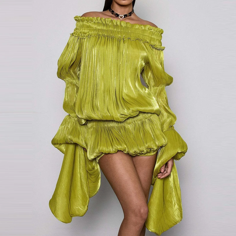 

Fashionable Solid Color Pleated Two Piece Set Women Spring Slash Neck Flare Sleeve Top And Shorts Outfit Chic Elegant Party Suit