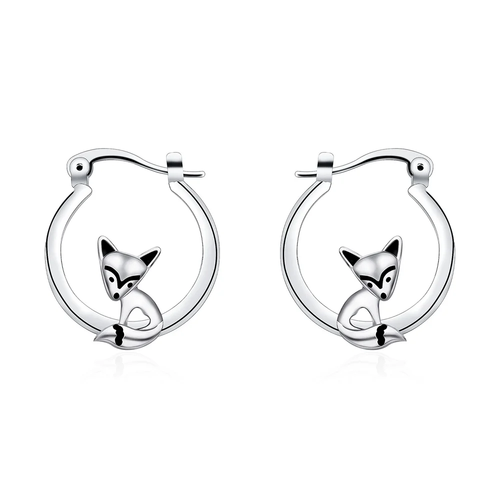 Hanreshe Design New Fox Hoop Earring Trendy Lovely Silver Plated Metal Earrings for Animal Lover Jewelry Birthday Gift