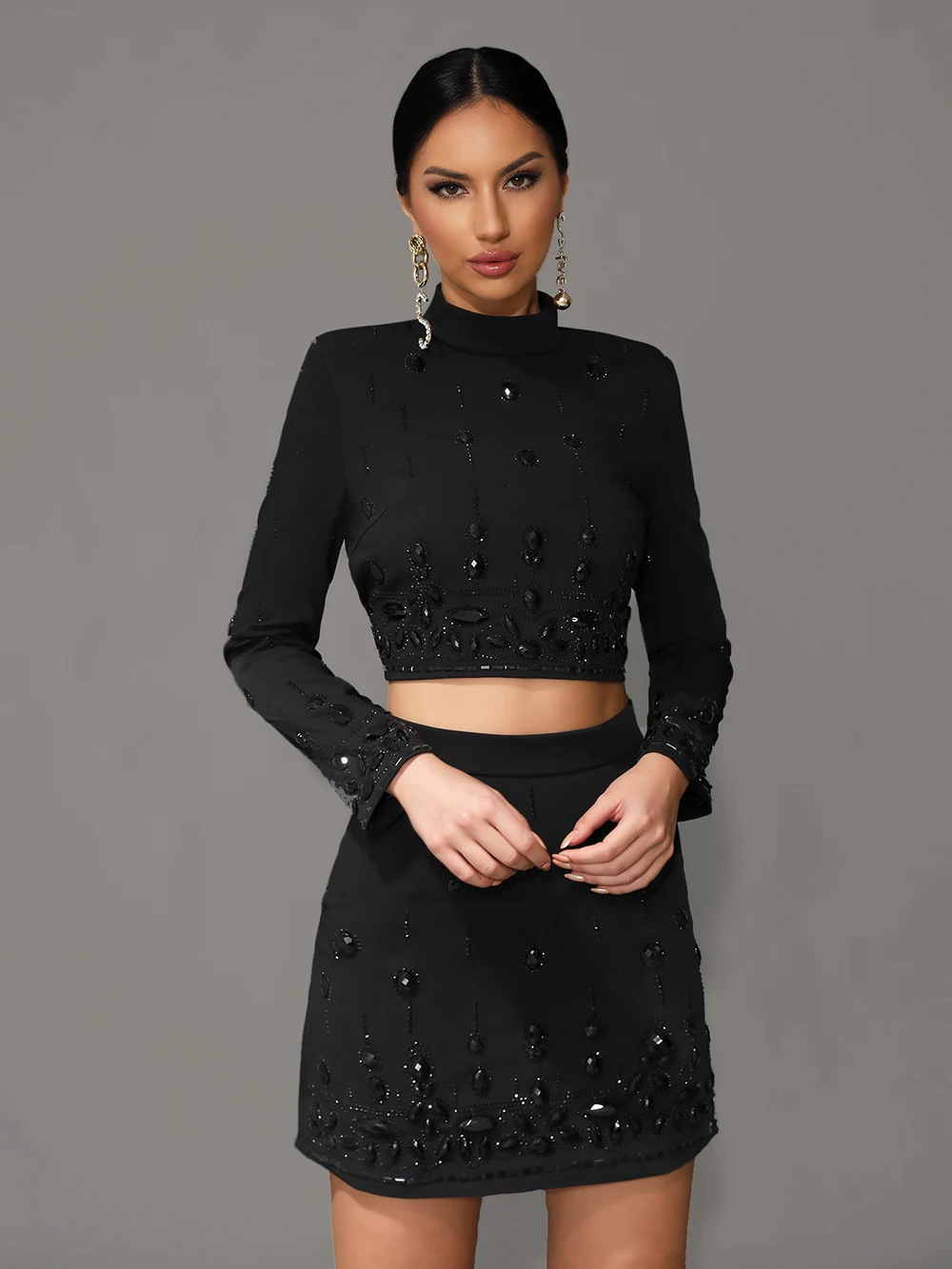 2024 Fashion New Heavy Industry Nail Bead Inlaid Diamond Long Sleeve Short Top+Short Skirt Set Women\'s Tight Two Piece Set