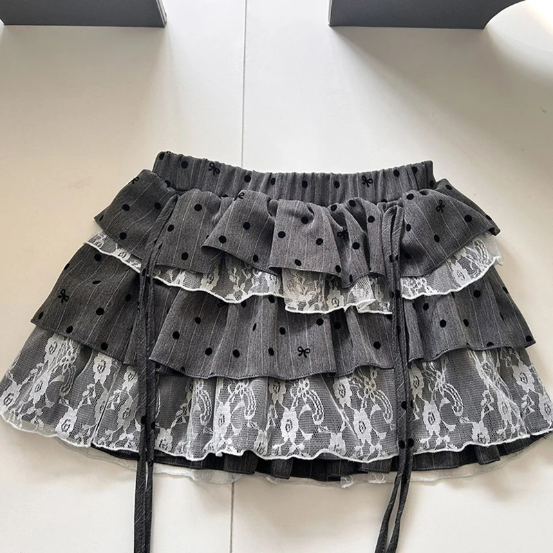Y2K Streetwear Mini Skirt Women Subculture Summer Lace Polka Dots Cake Skirts Vintage High Waist Bandage Kawaii Hottie Skirt New