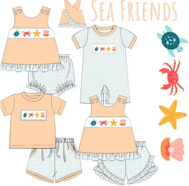 New boutique children's set suspenders stars crab shell print shorts lace girls boys plaid pocket shorts set baby romper