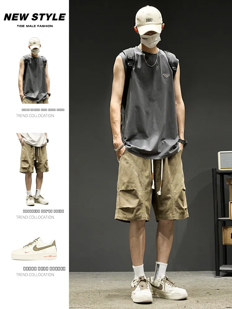 クールアンドハオメ-メンズスポーツウェアセット-サマーアメリカンフィットベスト-ワークウェアショーツ付き-五分丈-コットン100