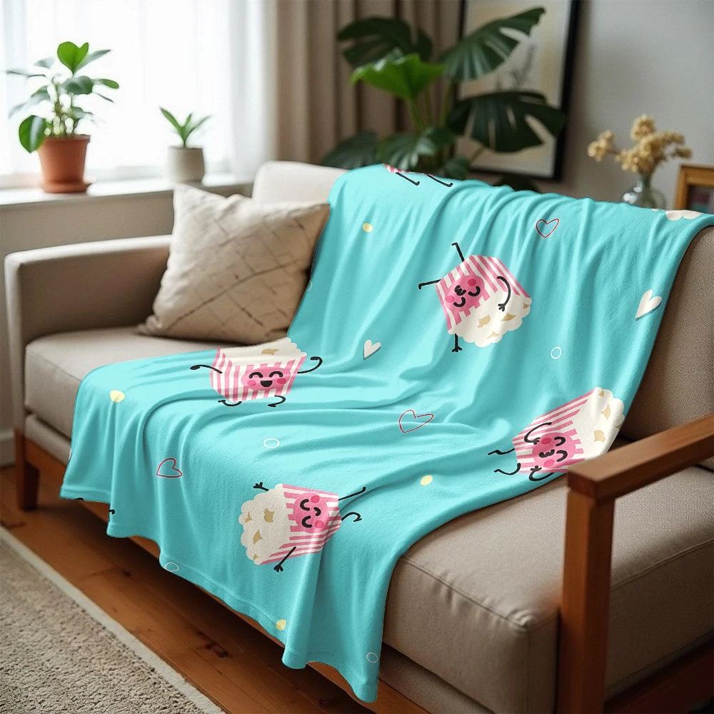 Cute Cartoon Popcorn Box Soft Flannel Blanket Breathable Warm Throw for Office Car Sofa Kids Room Birthday Xmas Gift