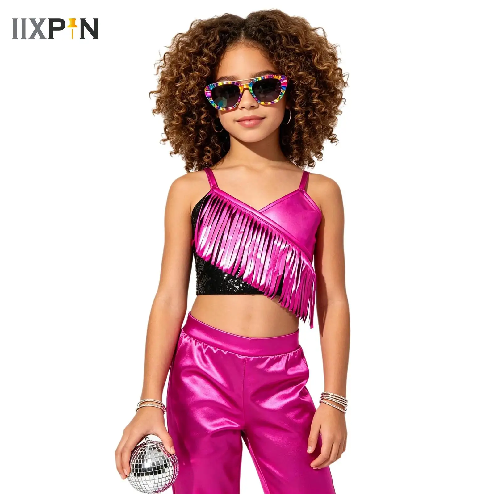 

Girls Shiny Tassels Crop Top Sequin Hip Hop Jazz Street Dance Performance Costume Halloween 70s Disco Dance Hippie Vest Clothes