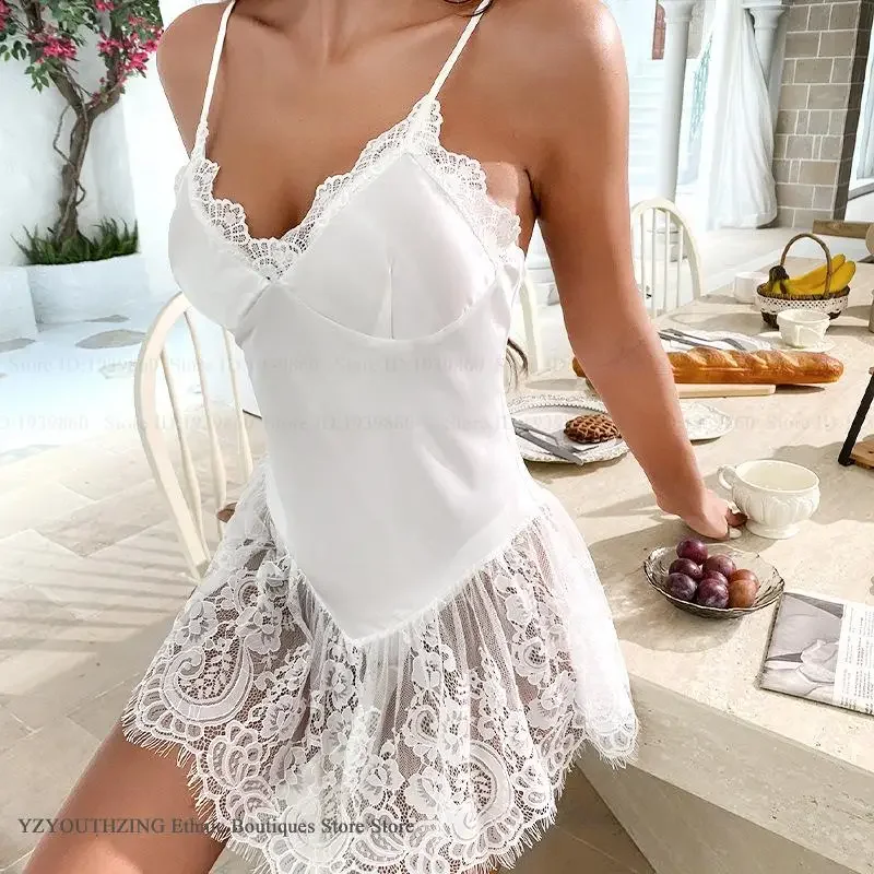 

Sexy Patchwork Lace Nightgown Intimate Lingerie New Summer Sleepwear Nightdress Home Dressing Gown Silk Satin Nightie Loungewear