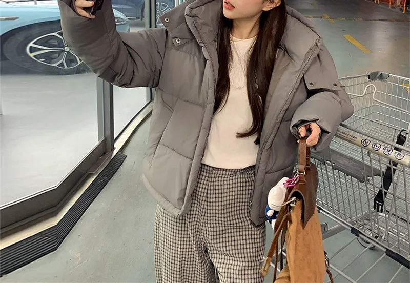 

Осенне-зимняя модная повседневная куртка с длинными рукавами, высоким воротником, карманами на молнии, однотонная, свободного кроя, с капюшоном, на хлопковой подкладке, 5 цветов