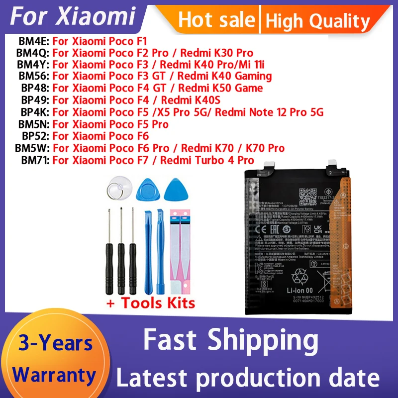 2026 Years Battery For Xiaomi Mi 11i Redmi K30 K40 K40S  K50 K70 Poco F1/F2/F3/F5 /F4 /F4 5G/F6 /F7/ GT PRO Gaming Game Batería