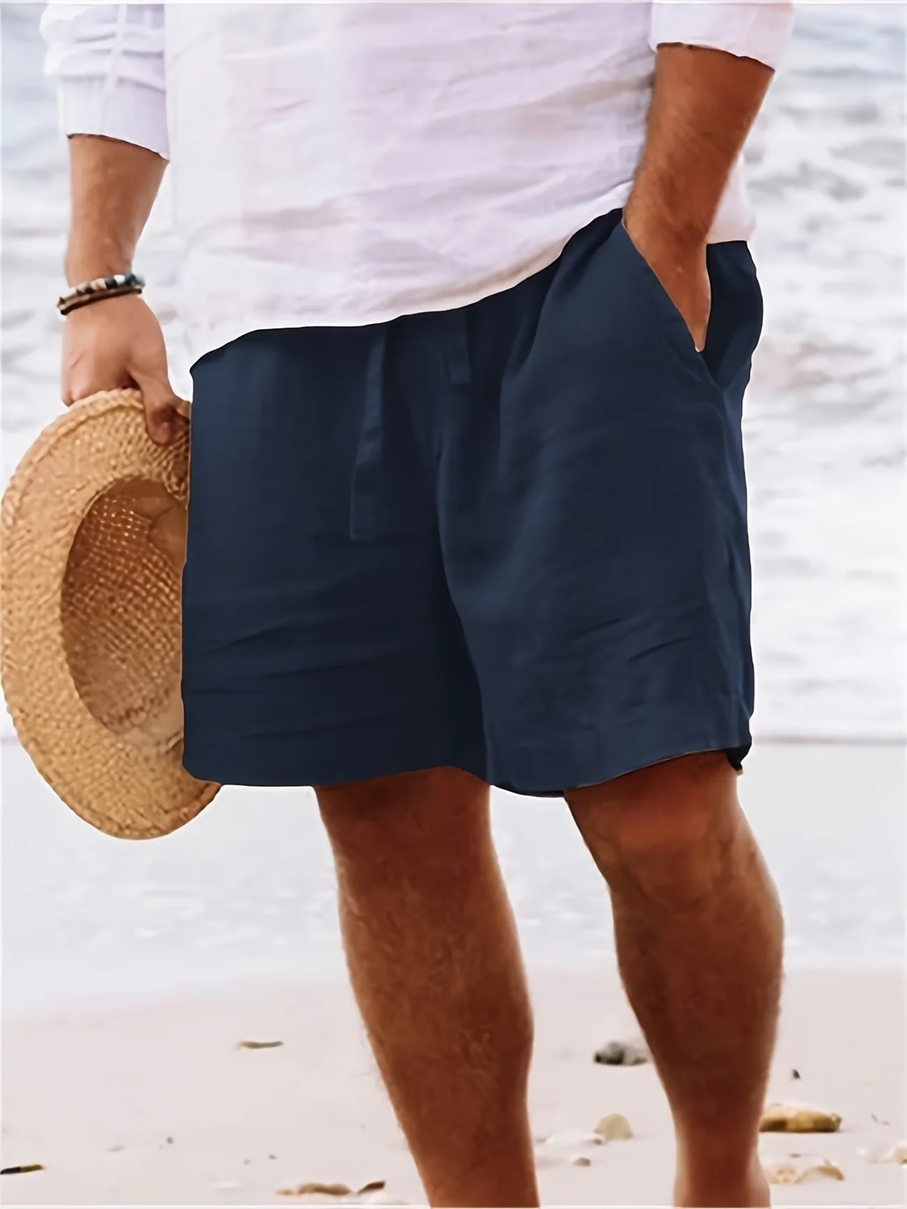 

Men's Linen Blend Casual Shorts, Elastic Waist Drawstring Beach Shorts with Pockets