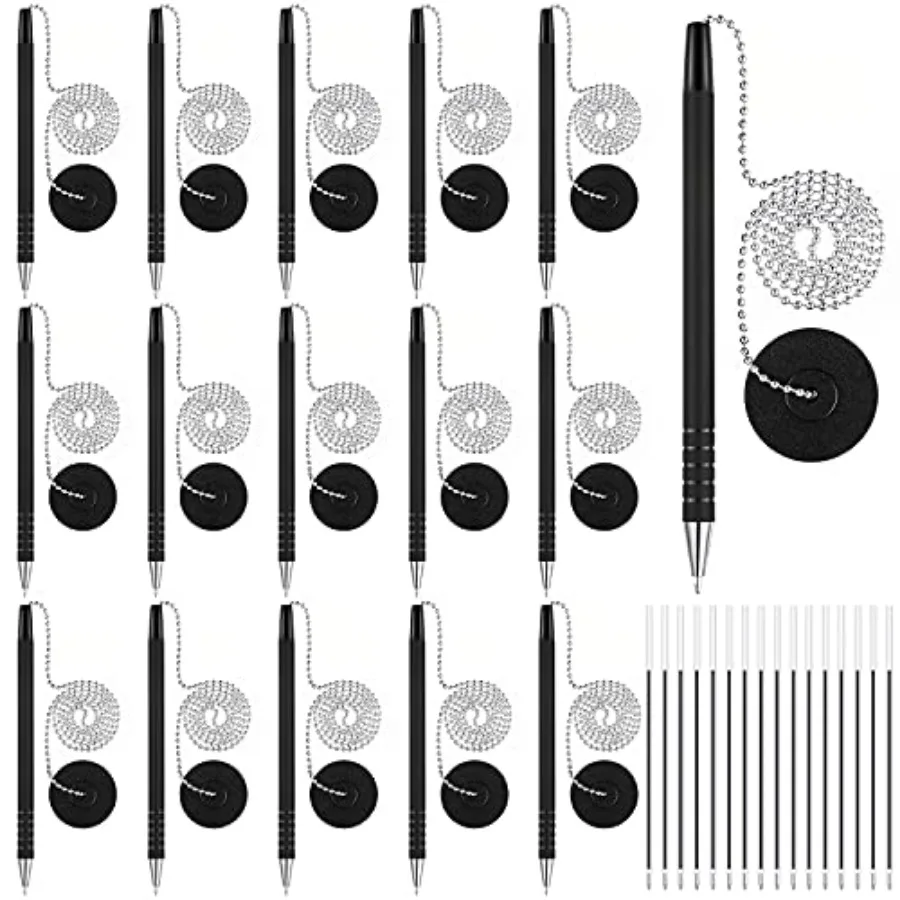 

Security Pen Set with Bead Chain and Pen Holder, Desktop Pens with Chains, Blank Ink Refills for Office Bank Supplies, Black Pi