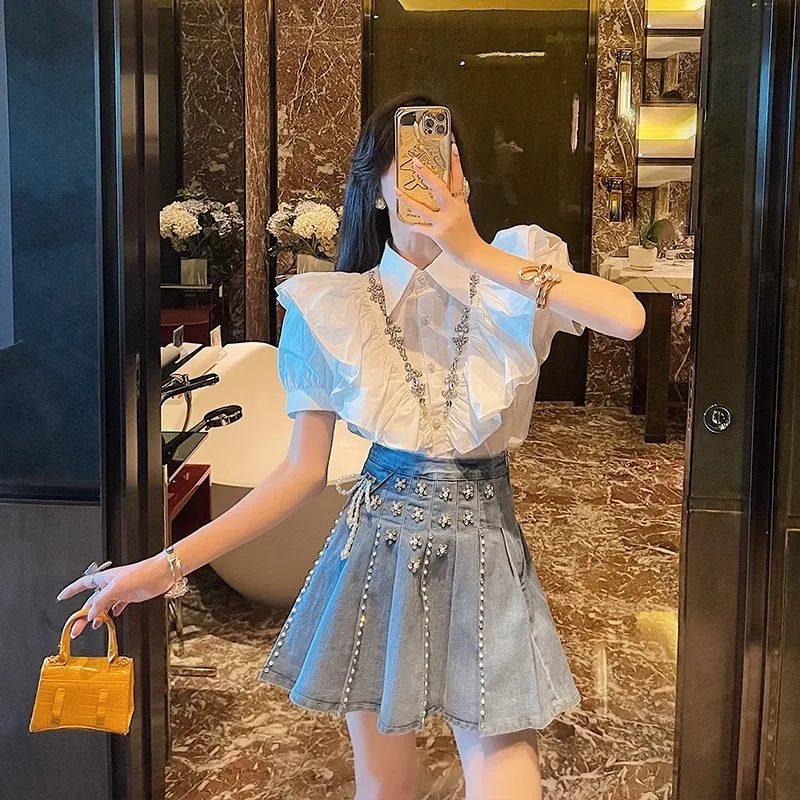 

2024 Korean High Waisted Denim Pleated Skirt Women's Summer New Studded Diamond Single Breasted A-Line Elastic Slim Culotte