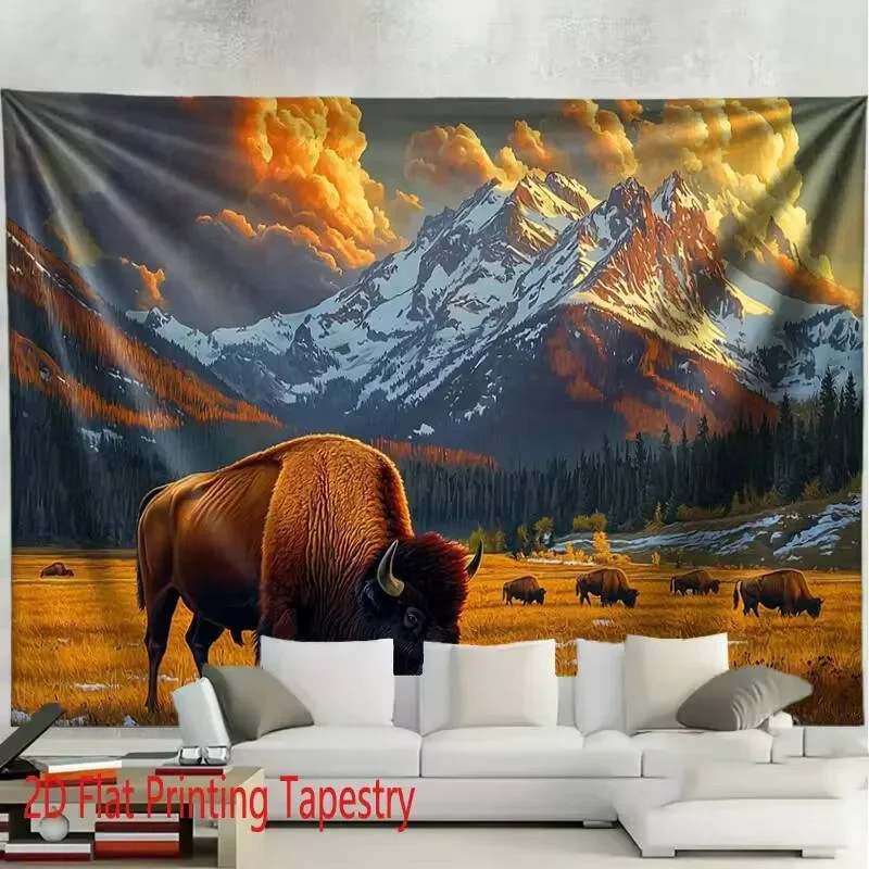 Vibrant Mountain Buffalo Landscape Tapestry Wall Hanging for Living Room Bedroom Rustic Decor Art Print