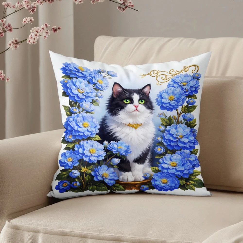 Cushion Cover White Cat With Blue Flowers And Golden Collar Decorative Pillow For Living Room Bedroom Or Chair