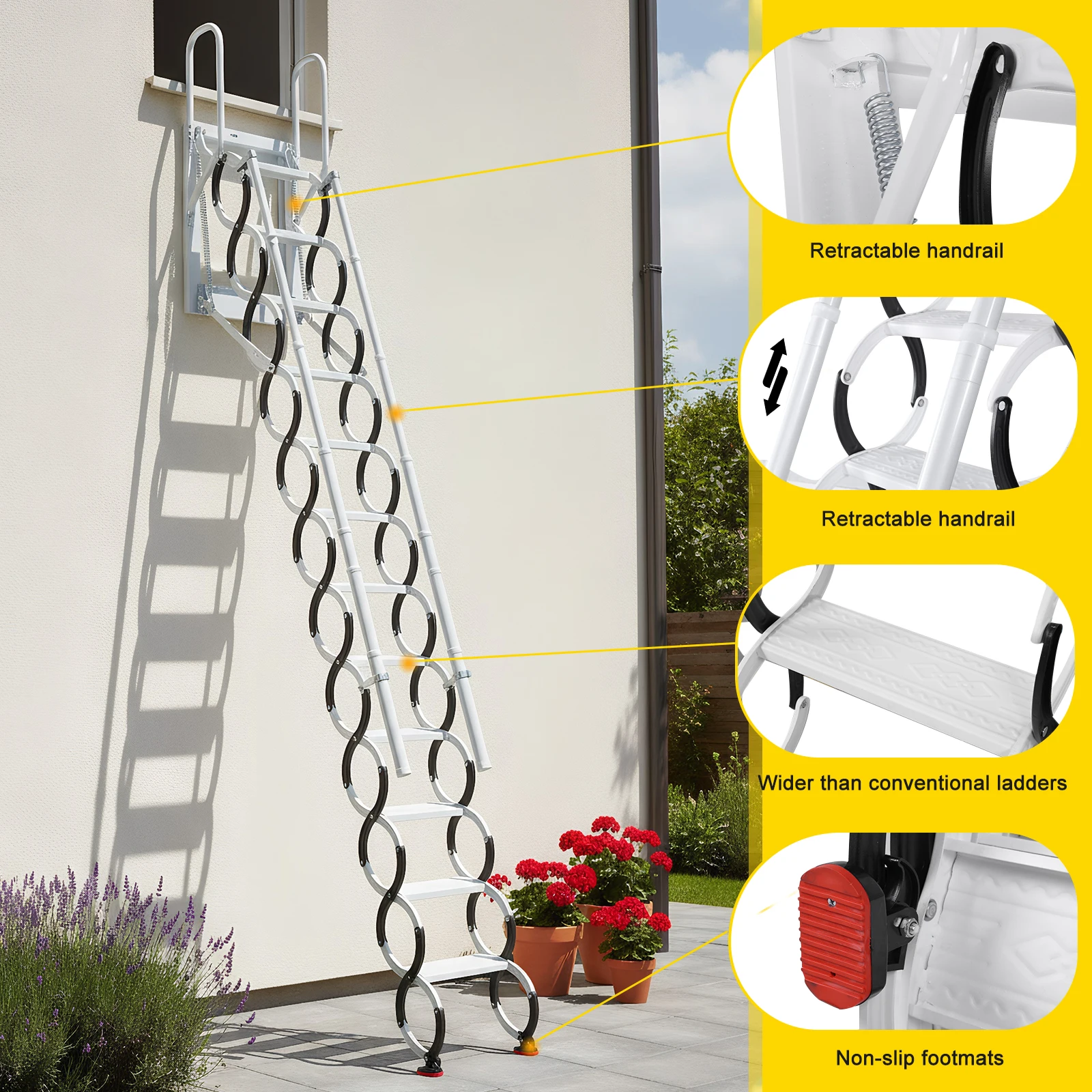 

9/11Steps Loft Foldable Ladder Wall-Mounted Attic Telescopic Staircase with 2 Handrails for Storehouse Basement