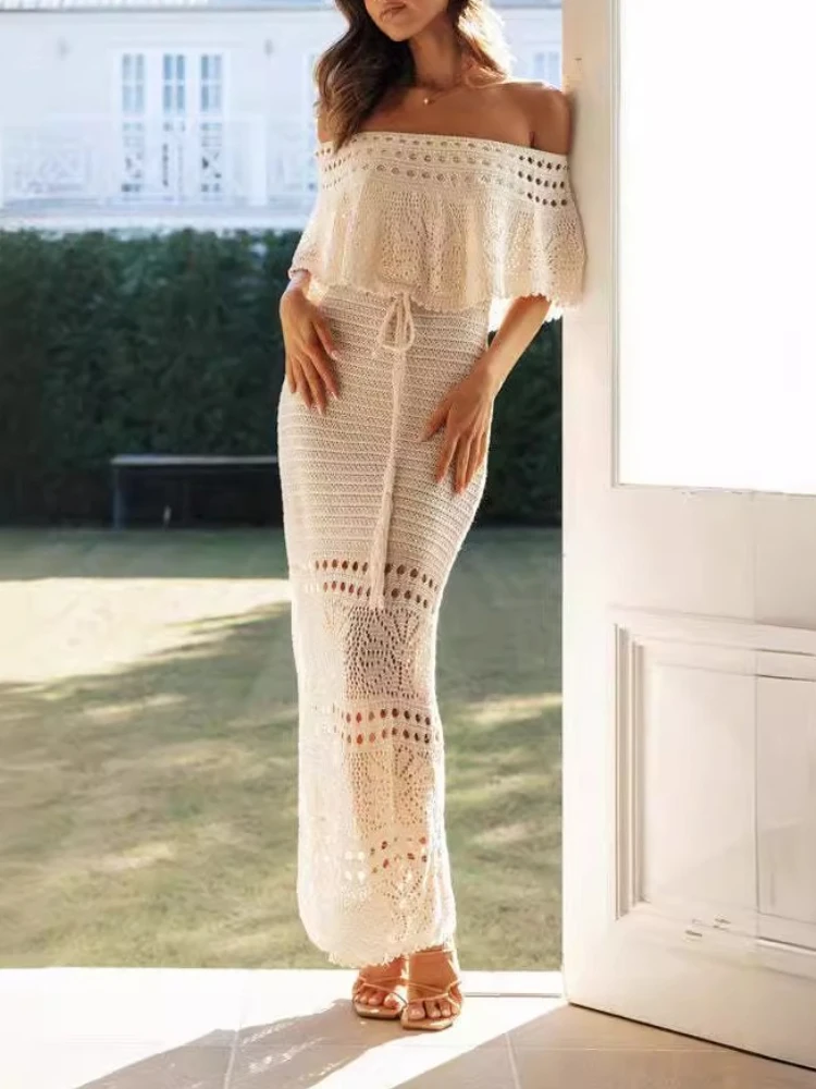 Robe Maxi taille moyenne, épaules dénudées, col Slash, couleur unie, décontractée, ligne a, cravate au dos, robe châle détachable, nouvelle collection