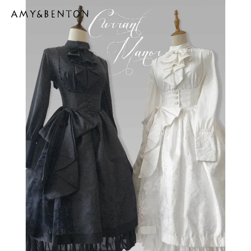 

British-style Retro Lolita Elegant Gothic Shirt Sweet Bow Stand Collar Long Sleeves Slim Solid Color Versatile Japanese Blouses