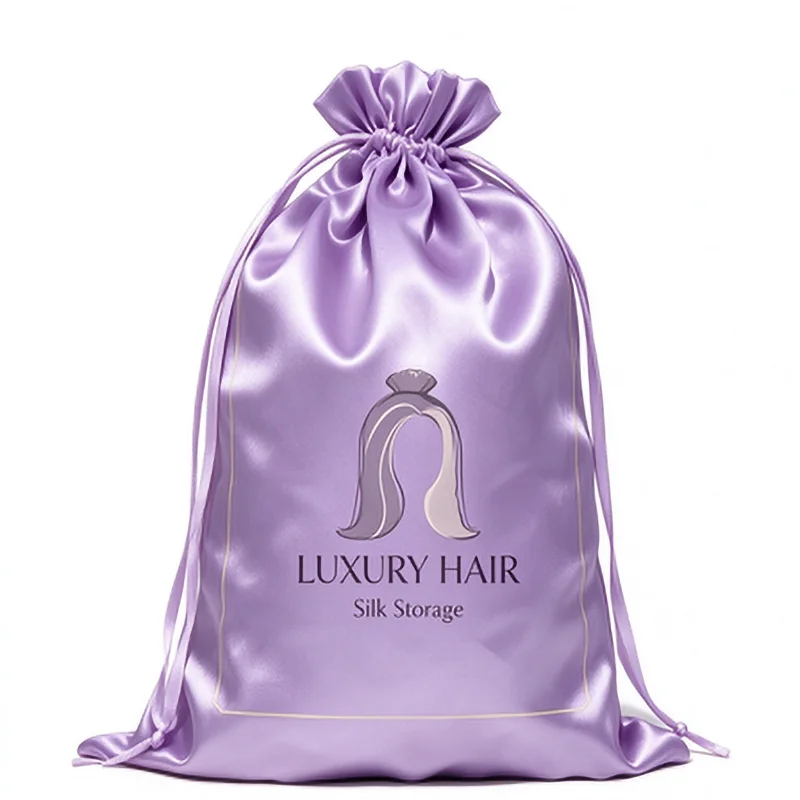 Personalized Logo Satin Drawstring Pouch, Polyester Storage Bag for Wigs & Hair Extensions Bundles, 25x35cm, Assorted Colors