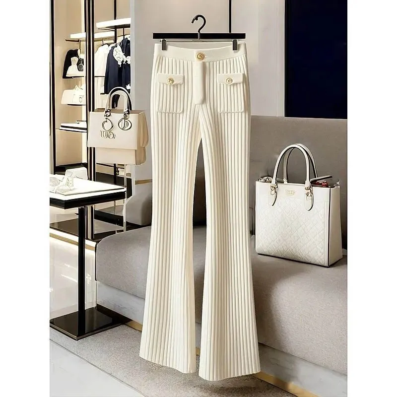 

Fashion Autumn Winter Elegant Narrow Soft Knitted Wool Trousers Simple Generous Comfortable White Joker Slim Horn Button Pants