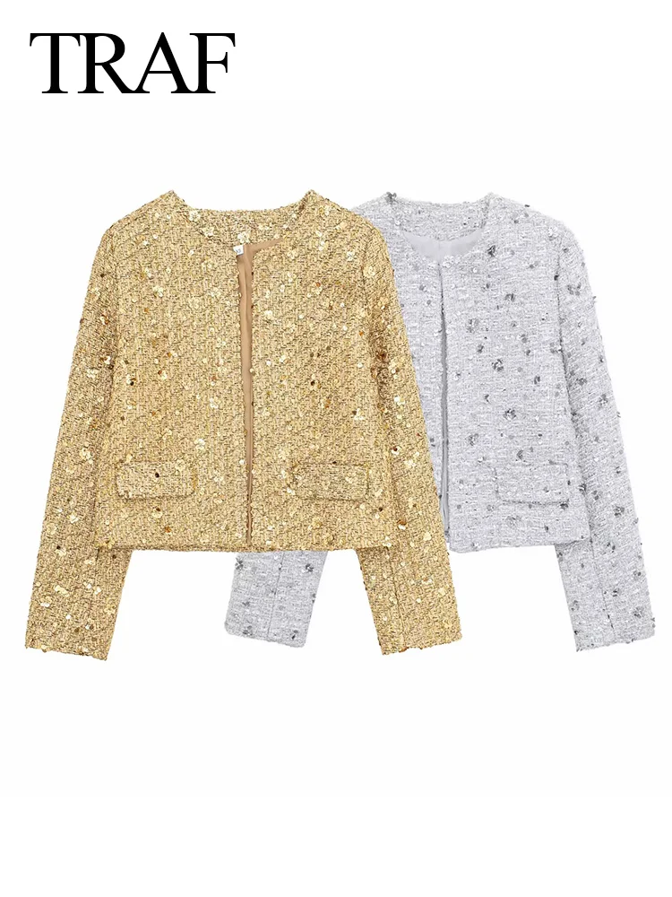 TRAF Vintage Casual Chic Women Jackets Sequins O-Neck Open Stitch Long Sleeve Coats New Fashion 2024 Spring Holiday Coats