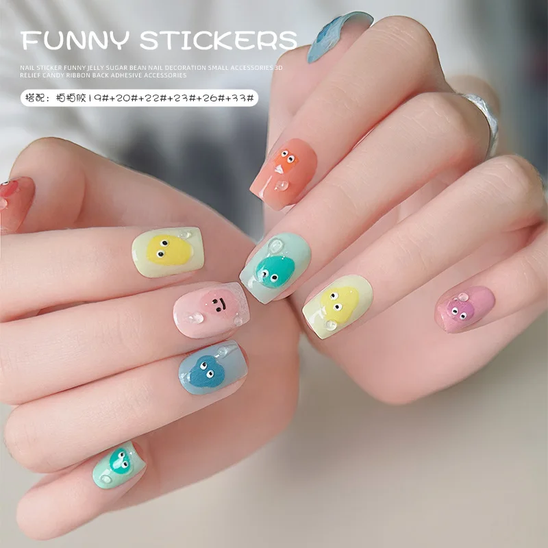 1Pc Coloful Funny Jelly Smiling Face Nail Decals Fresh Relief Cartoon Decorations Self Adhensive Nail Manicure Funny Stickers #