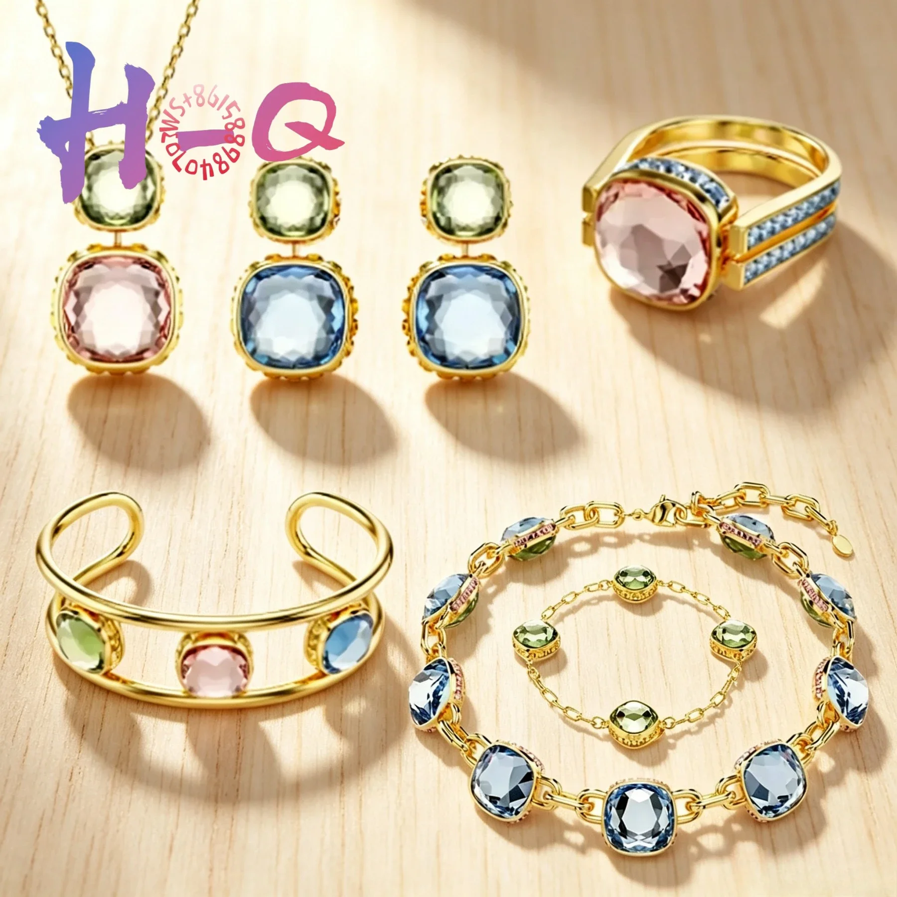Original 2026 New Trend Fine Anniversary Jewelry Set Charm Blue Pink Double Sided Crystal Fashion Women's Necklace Ring Earrings