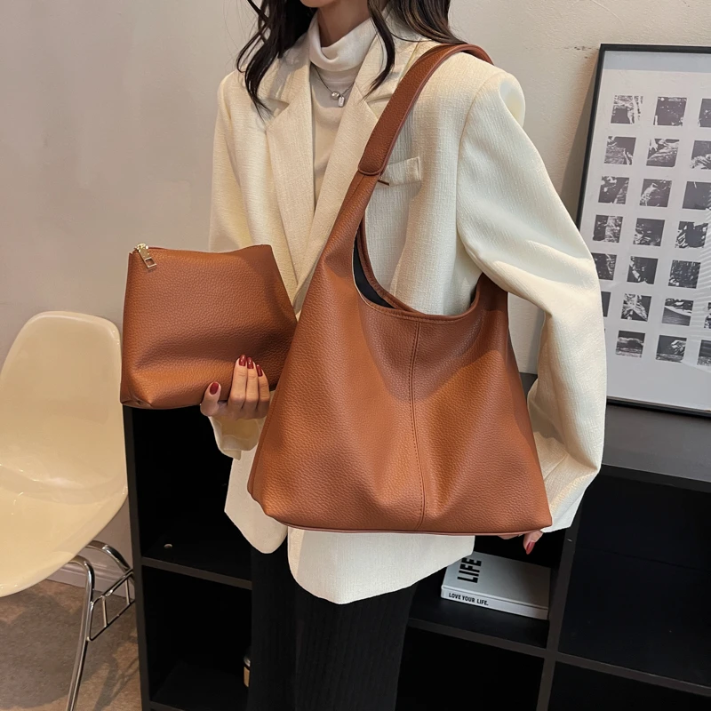 Simple Fashion Single Shoulder Tote Bag Set For Women Soft Leather Pure Color 2-In-1 Large Capacity Shopper Tote Handbags Female