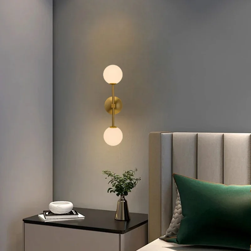 Modern Simple Double Head Milky White Acrylic Sphere Wall Lamp Art Study Bedside Corridor Background Wall Lamp G9 Bulb
