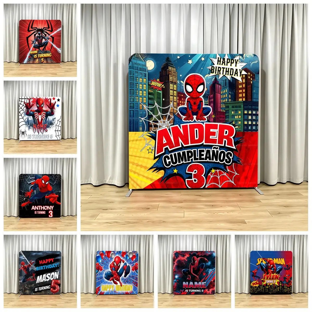 Spider Man Hero Custom Name Square Backdrop Cover for Photography Kids Happy Birthday Party Photo Background Photo Booths Decors