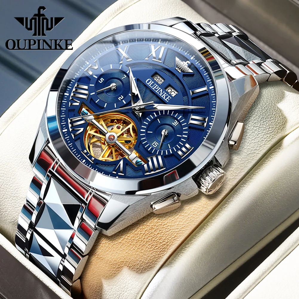 OUPINKE 3236 Automatic Mechanical Men's Watch Multifunctional Roman Dial Skeleton Auto Date Man Wristwatch