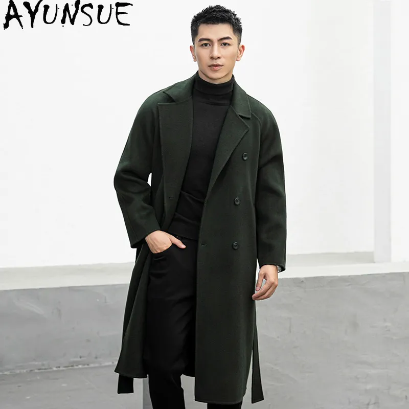 AYUNSUE High-end 100% Wool Jacket Winter 2026 Double-sided Woolen Man Long Coat with Belt Fashion Loose Wool Coats and Jackets