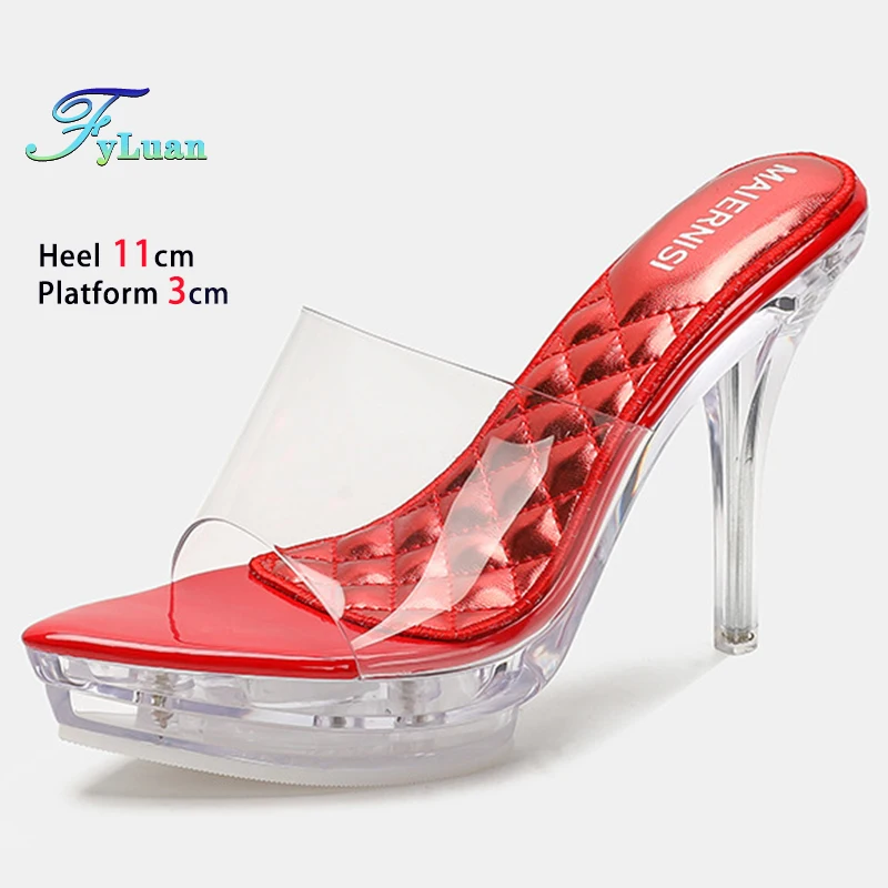 جديد الأحمر عالية الكعب 11 سنتيمتر منصة 3 سنتيمتر النعال النسائية واضح رقيقة الكعوب أشار تو السيدات مضخات اللون برشام خنجر أحذية الحفلات