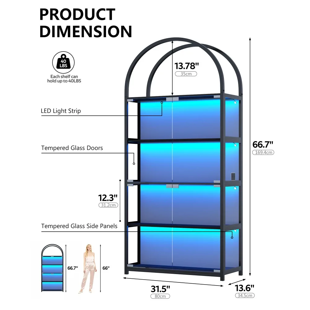 Display Arched Cabinet with Glass Doors, Curio Cabinet for Labubu Display 5-Tier Display Case with 7 Color RGB Lights