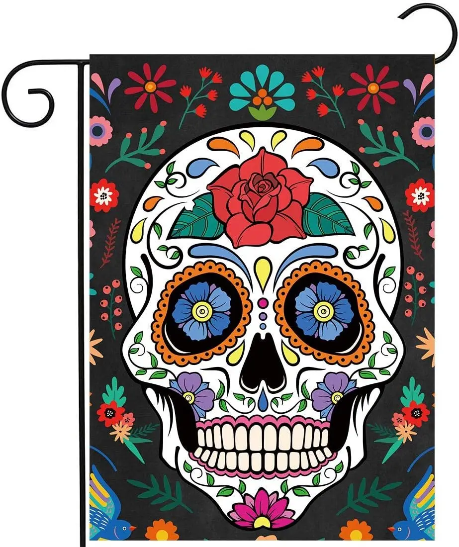 Allenjoy Day of the Dead Garden Flag for Outside Vertical Mexican Fiesta Dia DE Los Muertos House Lawn Banners Yard Porch