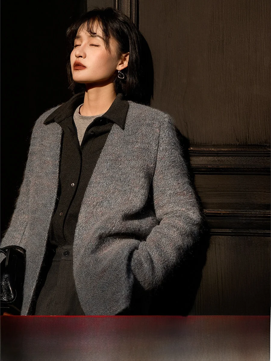 

Xhange Dry Nebula Baby Camere Circle Woolen Coat Women's No Collar Suit Sle ort Jaet Warm OL Sle Commute Faion