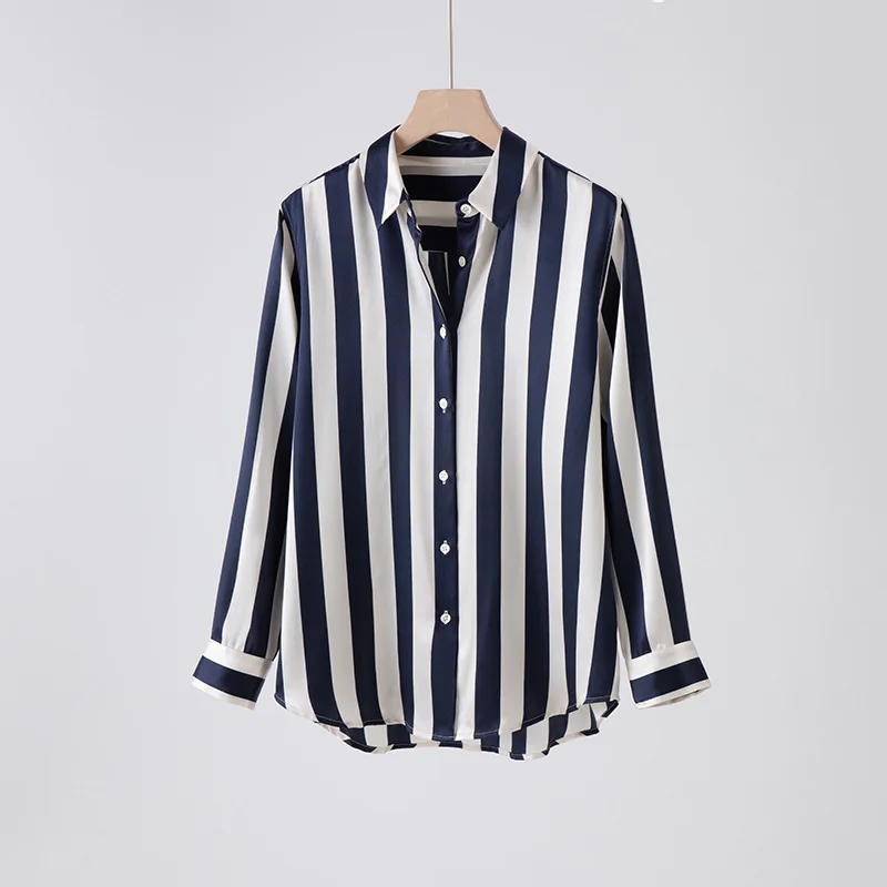 

Birdsky, 1PC Women long sleeve shirts stripe shirt Top 93% mulberry silk 7% spandex, S-1084