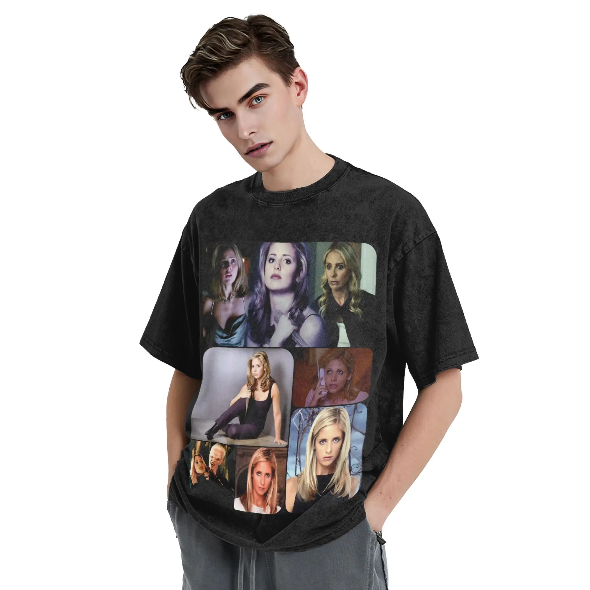 Buffy the Vampire Slayer Washed T Shirts Streetwear Hip Hop Fashion T-Shirts Horror Movie Tees for Men Women Oversize Summer