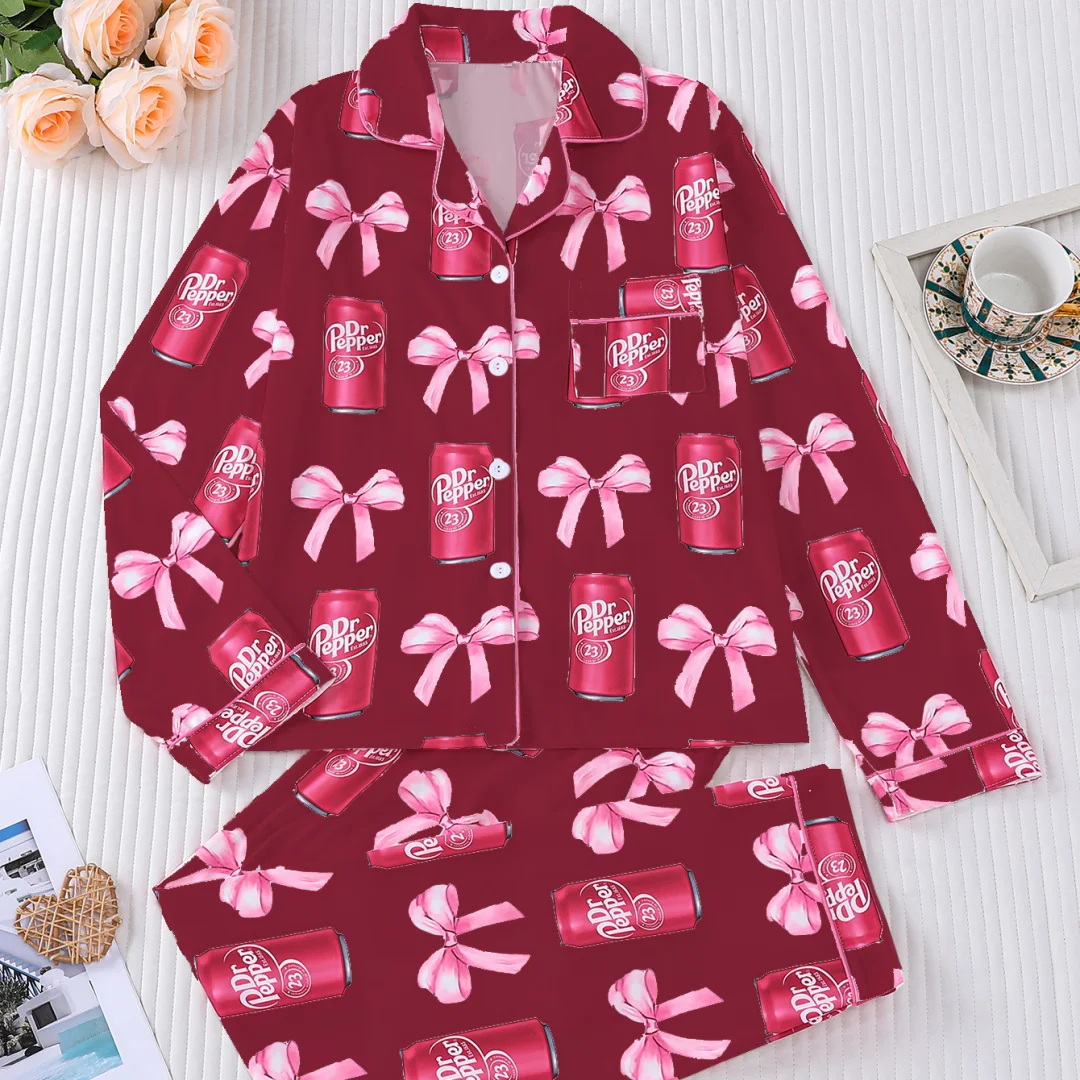 

Женский рождественский тематический пижамный комплект с бантом и красными и розовыми лацканами, длинными рукавами и длинными брюками, кардиган, домашняя одежда, подарки