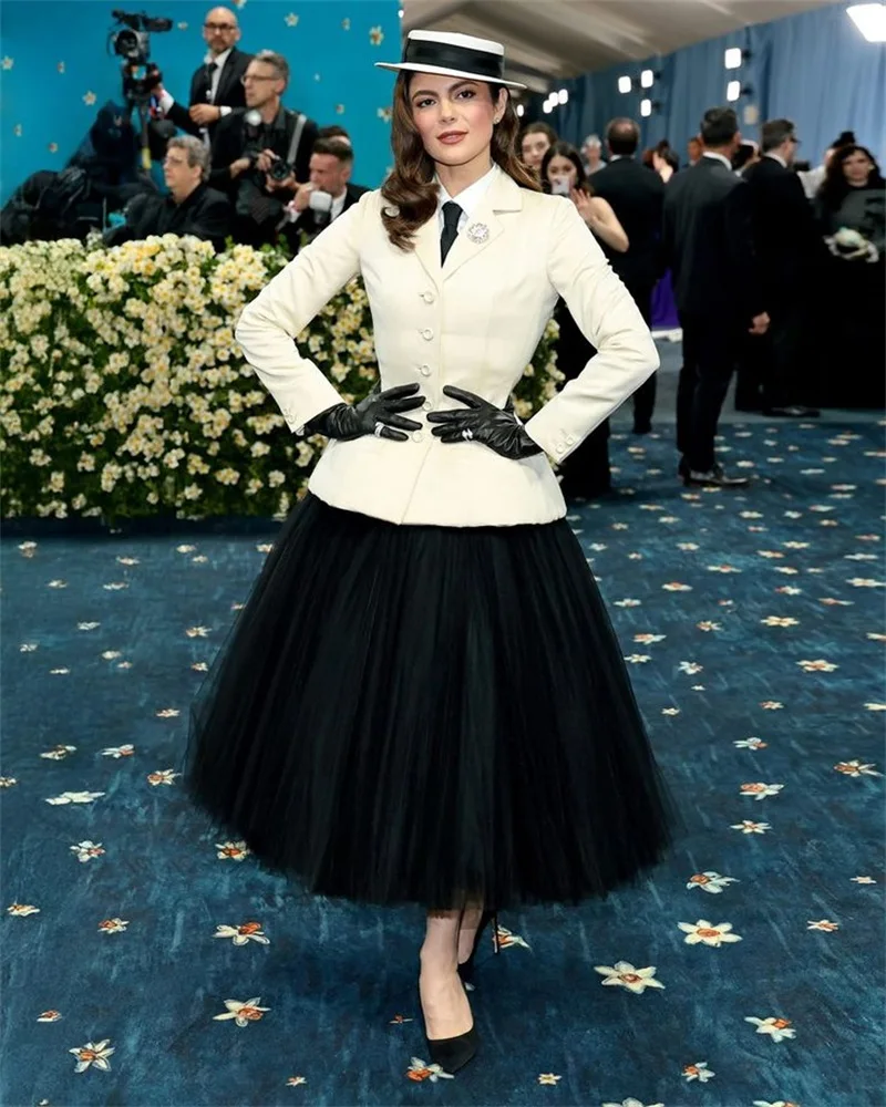 White Women Office Suits Skirt Set Summer 2 Pieces Blazer+Black Tulle Prom Dress Customized Designer Formal Business Jacket