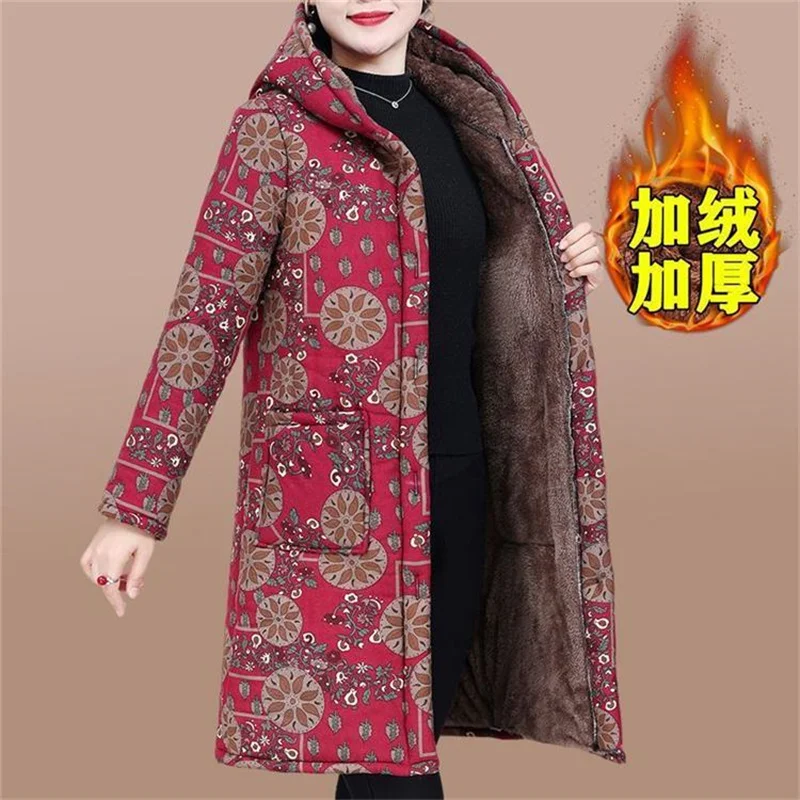 5XL Mother Winter Cotton Clothes Add Velvet Thick Warm Hooded Padded Coat Middle Aged Elderly Grandma Casual Long Parkas Jacket