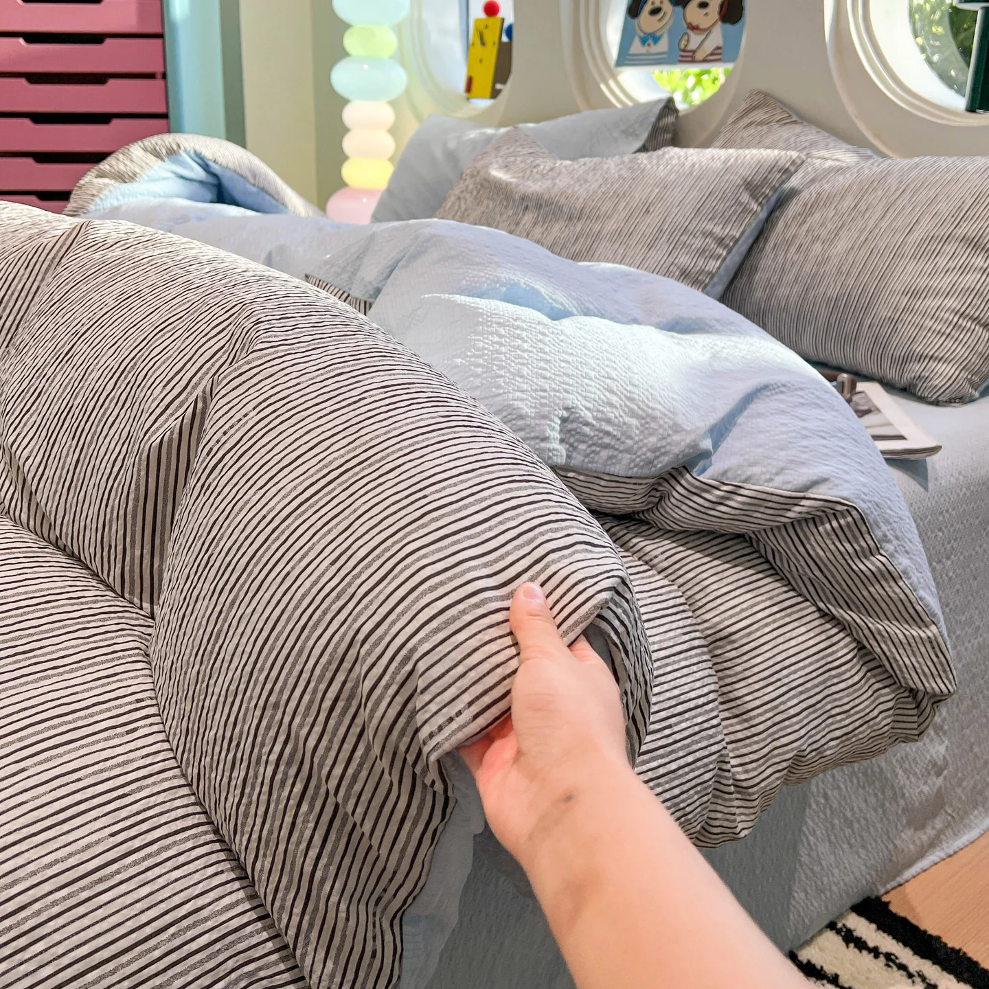 3/4PCS Grey Fine Stripes Bedding Set Blue Duvet Cover Set Sheet Set Comfortable for Home Bedroom Decor New Year Christmas Gift