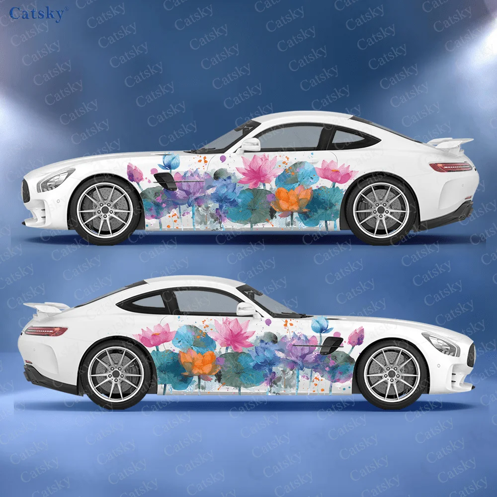 Colourful Gradient Lotus Car Side Sticker Decor, PVC Waterproof Scratch Resistant Decal, Car Protection, Auto Accessories Gift