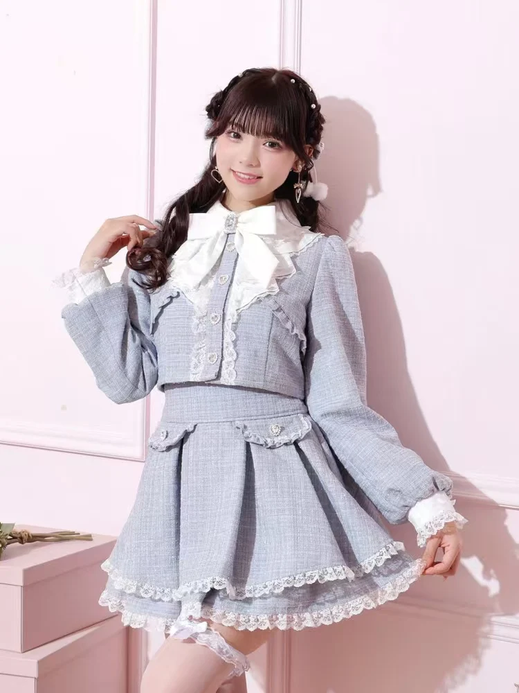 Japanese Mine Mass- Produced Lolita Skirt Set Outifits Women's Girls Sweet Cute Bow Lace Top and Skirt Two Piece Sets Spring New