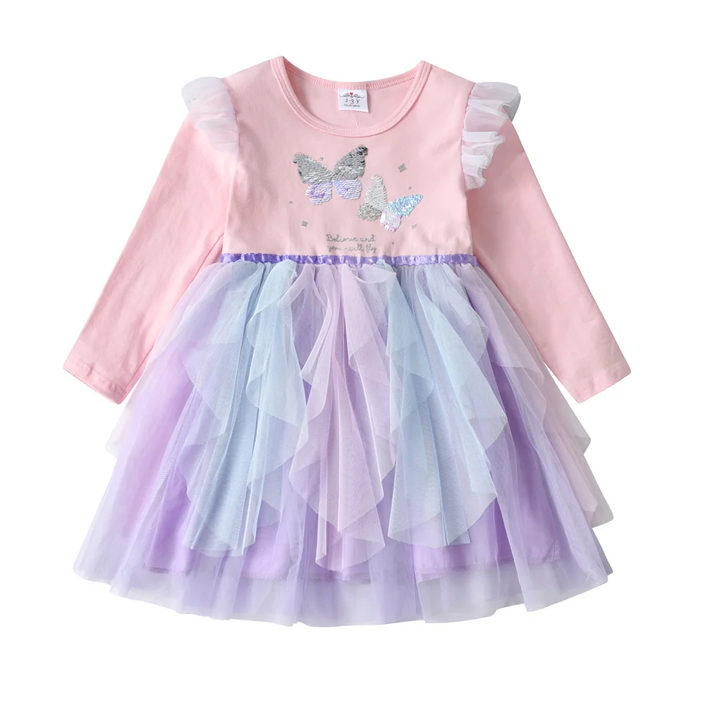 VIKITA Girls Pink Sparkly Butterfly Sequined Appliqued Dress Kids Soft Cotton Tops and Layered Tutu Skirt Patchwork Dresses